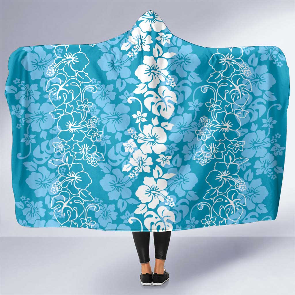 Hawaiian Lei Day Hooded Blanket Blue Hibiscus Flowers Lei Art
