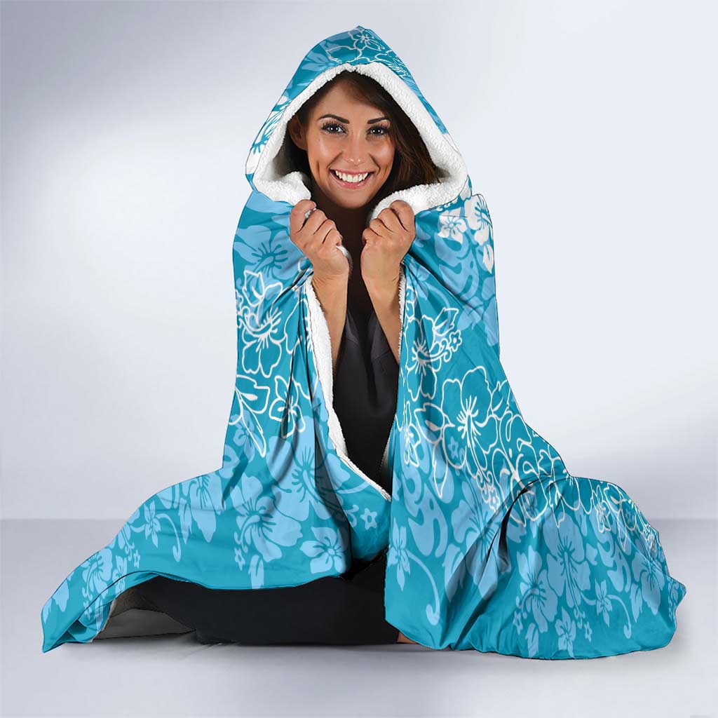 Hawaiian Lei Day Hooded Blanket Blue Hibiscus Flowers Lei Art