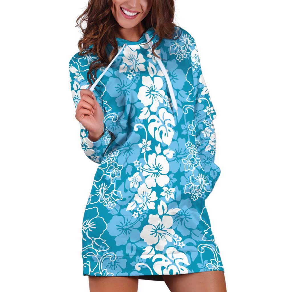 Hawaiian Lei Day Hoodie Dress Blue Hibiscus Flowers Lei Art