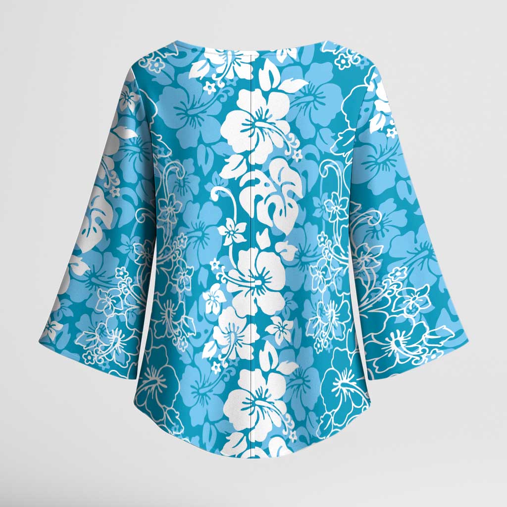 Hawaiian Lei Day Kimono Sleeve Blouse Blue Hibiscus Flowers Lei Art - Polynesian Pride