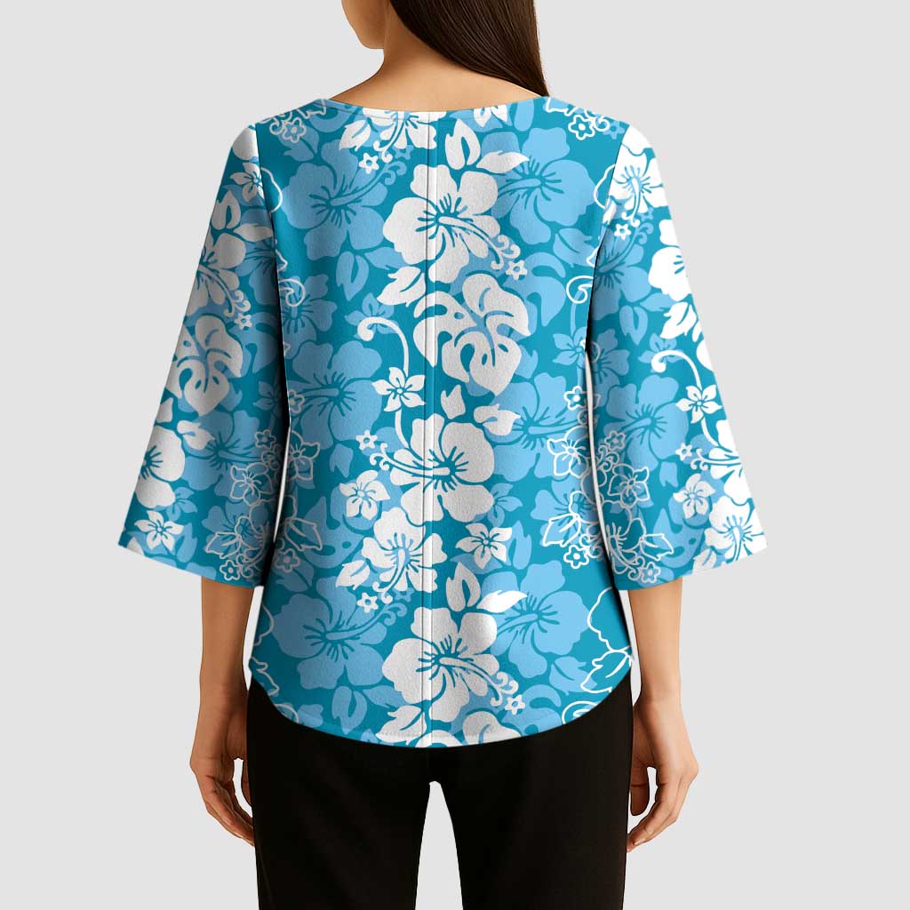 Hawaiian Lei Day Kimono Sleeve Blouse Blue Hibiscus Flowers Lei Art - Polynesian Pride