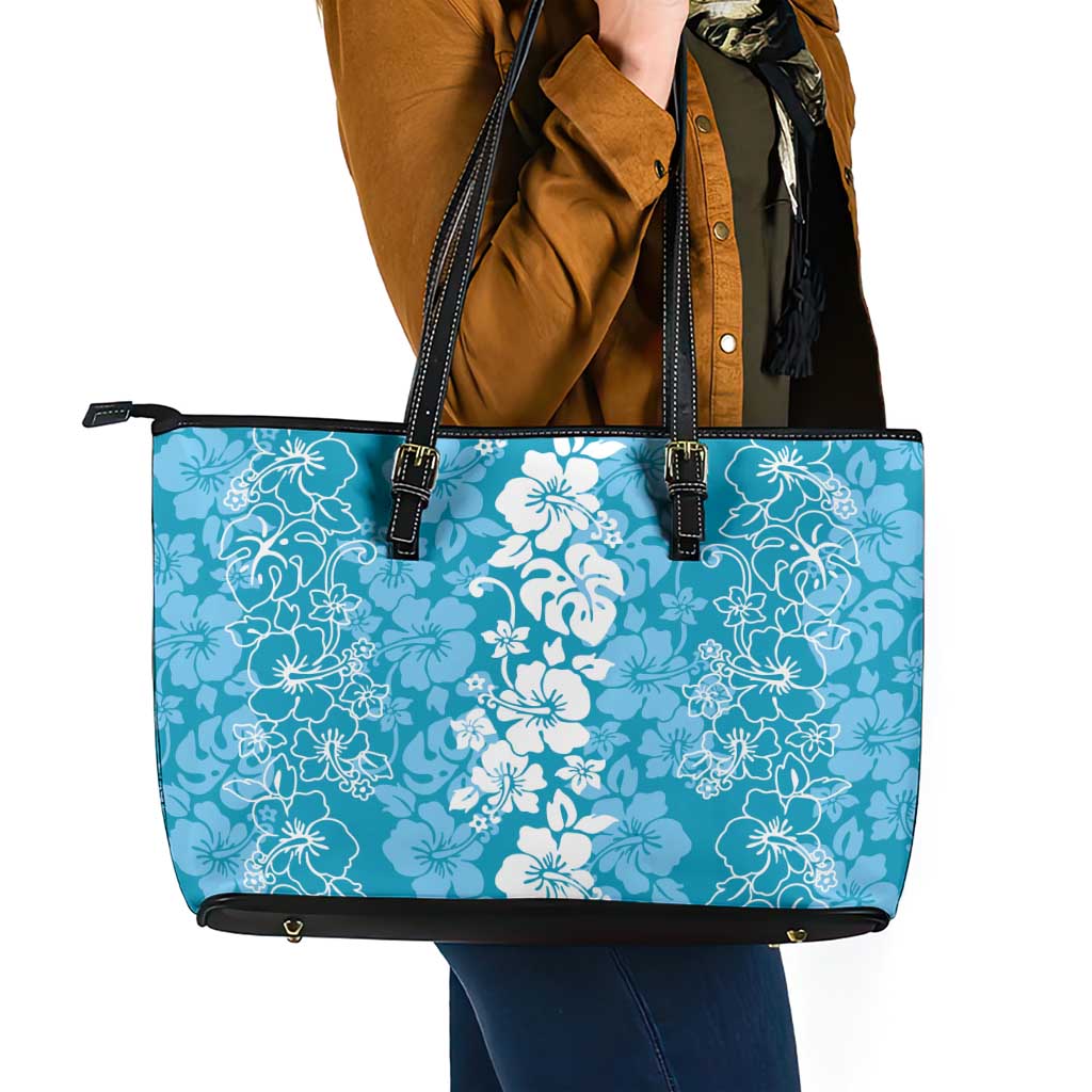 Hawaiian Lei Day Leather Tote Bag Blue Hibiscus Flowers Lei Art