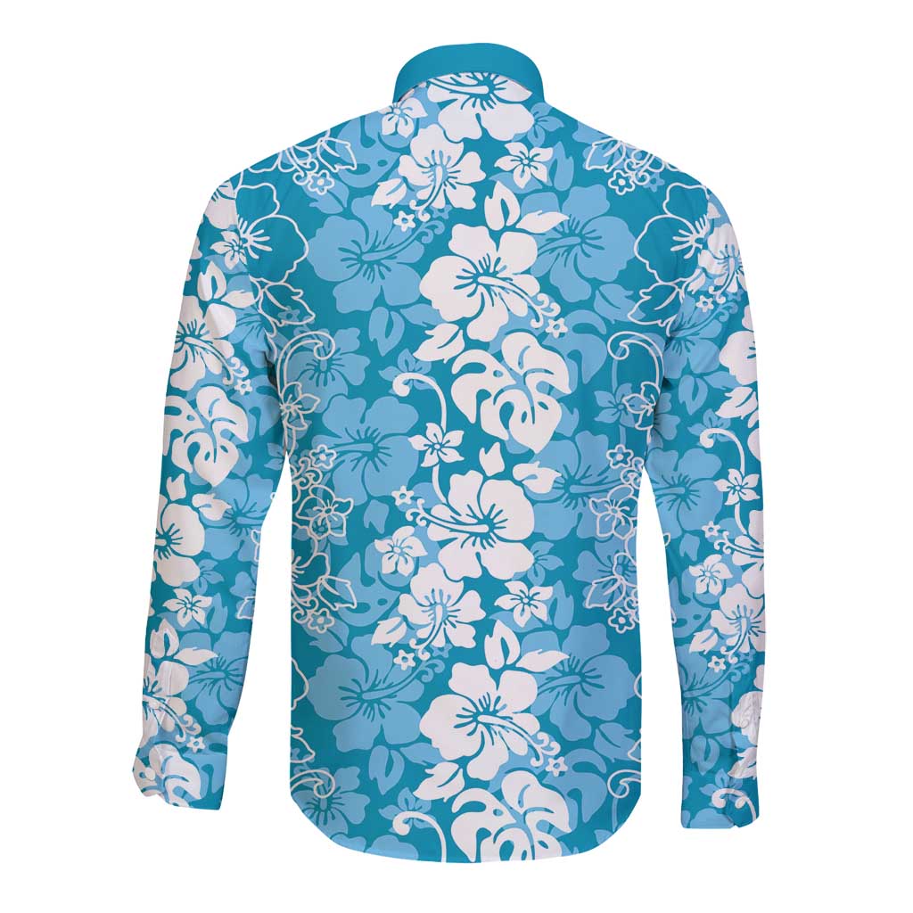 Hawaiian Lei Day Long Sleeve Button Shirt Blue Hibiscus Flowers Lei Art LT9 - Polynesian Pride