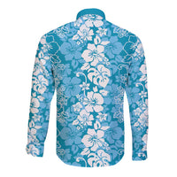 Hawaiian Lei Day Long Sleeve Button Shirt Blue Hibiscus Flowers Lei Art LT9 - Polynesian Pride