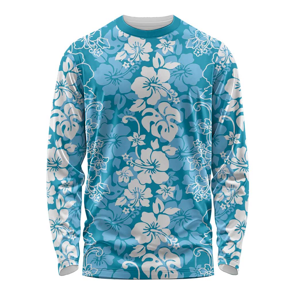 Hawaiian Lei Day Long Sleeve Shirt Blue Hibiscus Flowers Lei Art LT9 Unisex Blue - Polynesian Pride