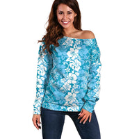 Hawaiian Lei Day Off Shoulder Sweater Blue Hibiscus Flowers Lei Art