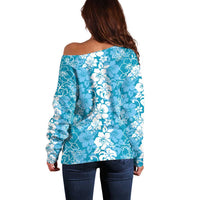 Hawaiian Lei Day Off Shoulder Sweater Blue Hibiscus Flowers Lei Art