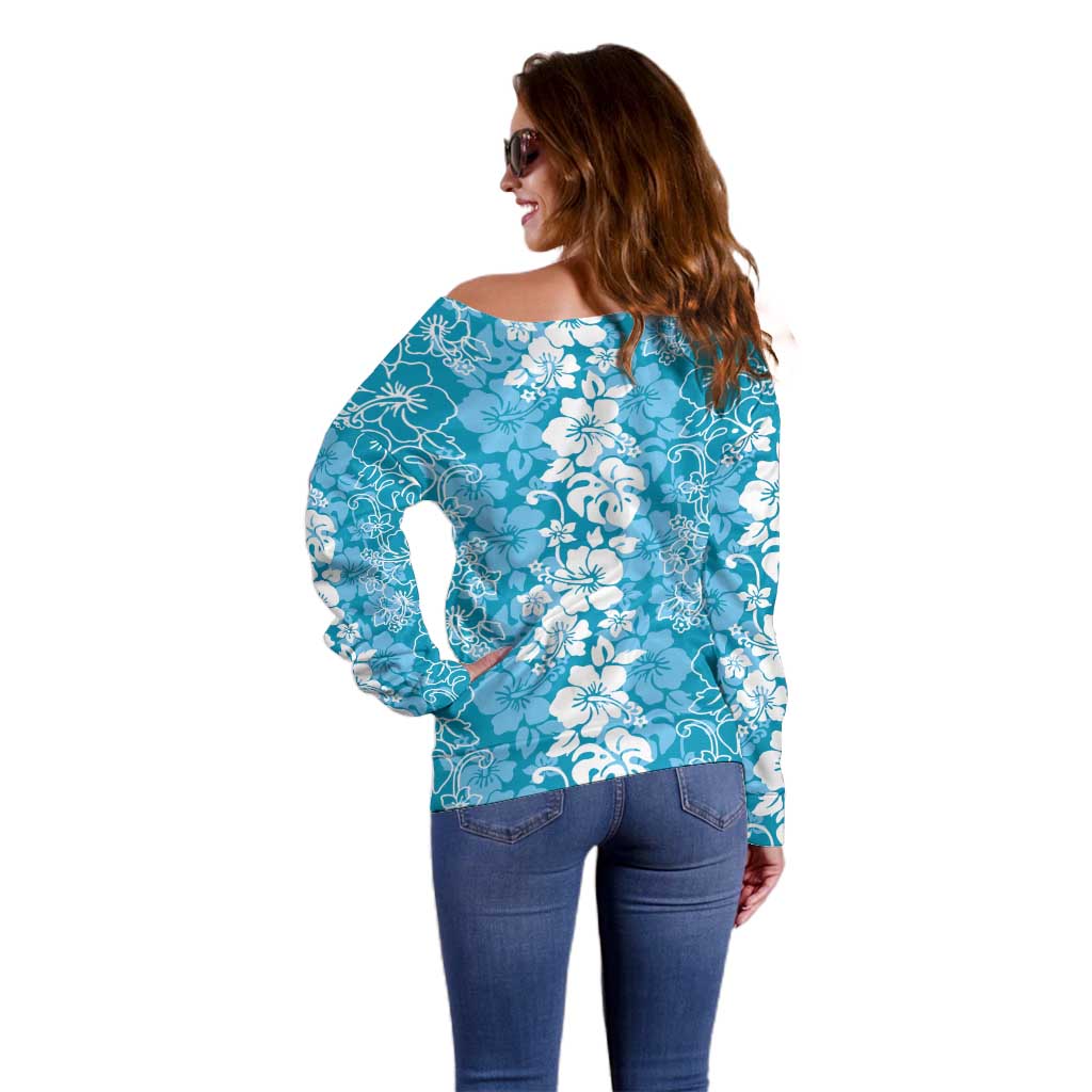 Hawaiian Lei Day Off Shoulder Sweater Blue Hibiscus Flowers Lei Art