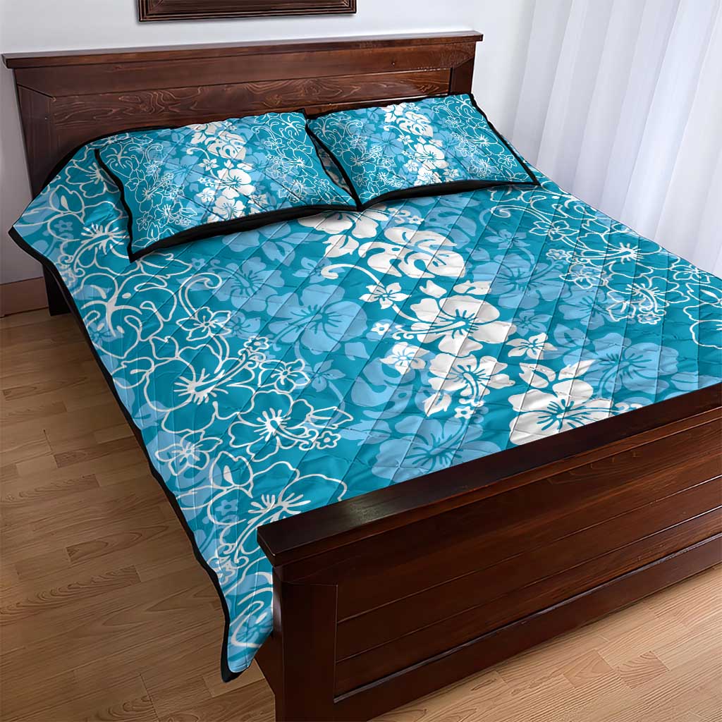 Hawaiian Lei Day Quilt Bed Set Blue Hibiscus Flowers Lei Art