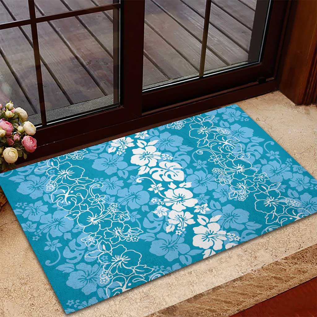 Hawaiian Lei Day Rubber Doormat Blue Hibiscus Flowers Lei Art LT9 - Polynesian Pride
