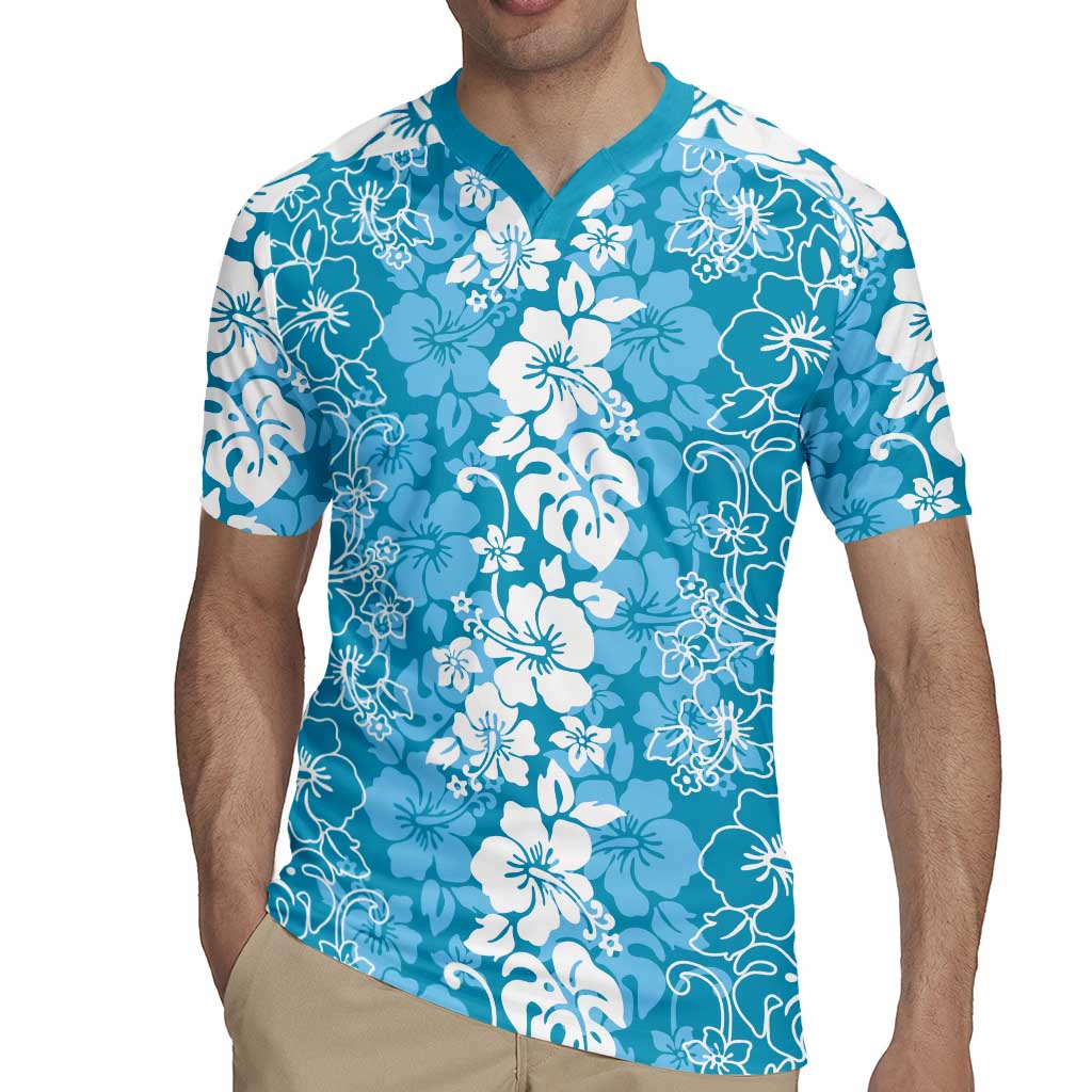 Hawaiian Lei Day Rugby Jersey Blue Hibiscus Flowers Lei Art