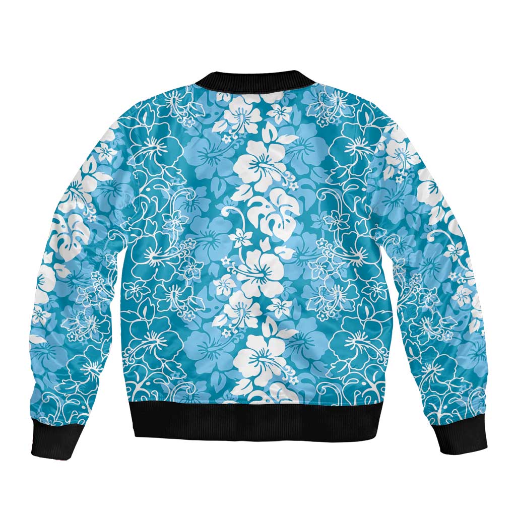 Hawaiian Lei Day Sleeve Zip Bomber Jacket Blue Hibiscus Flowers Lei Art