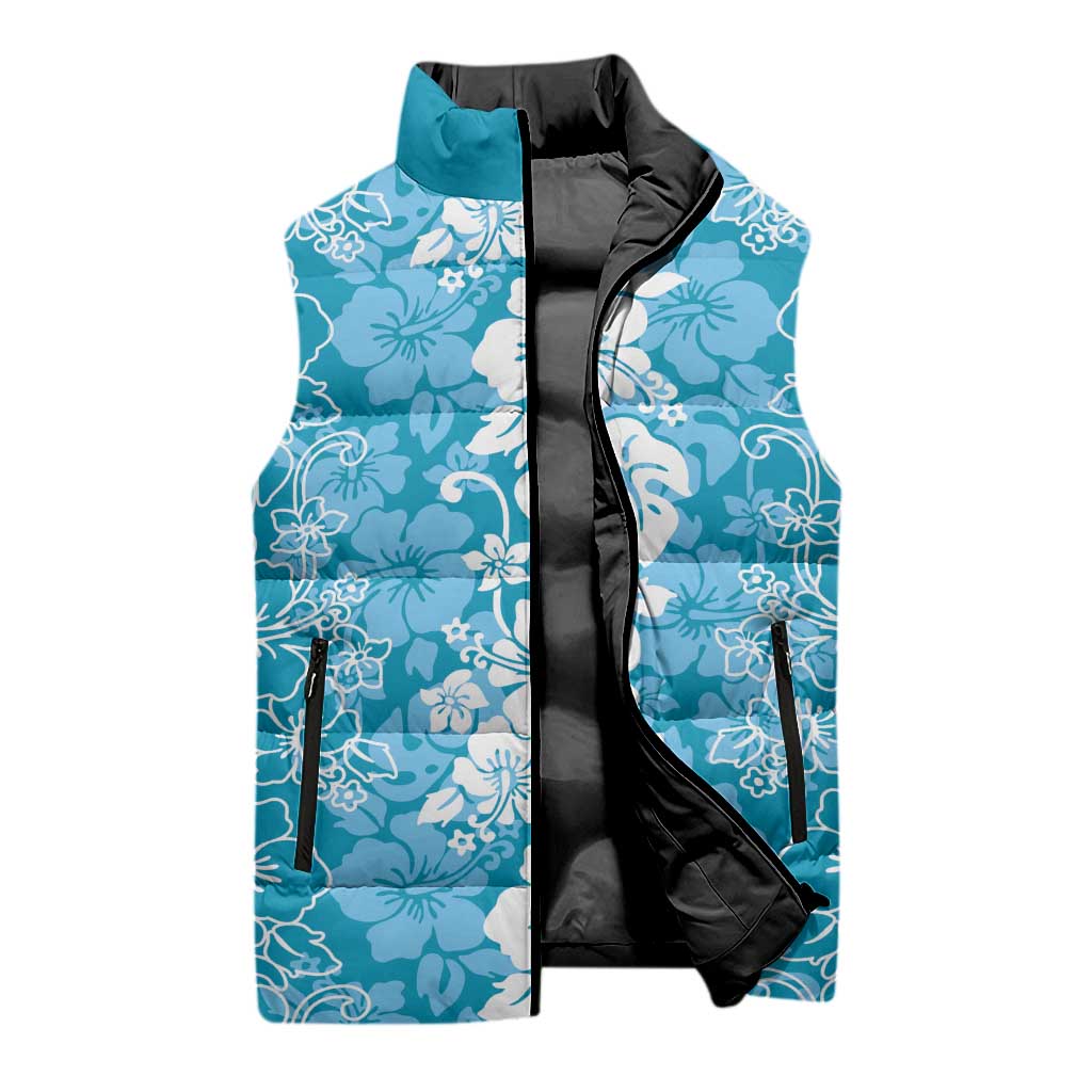 Hawaiian Lei Day Sleeveless Puffer Jacket Blue Hibiscus Flowers Lei Art LT9 - Polynesian Pride