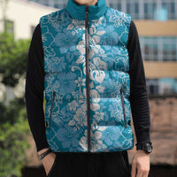 Hawaiian Lei Day Sleeveless Puffer Jacket Blue Hibiscus Flowers Lei Art LT9 - Polynesian Pride