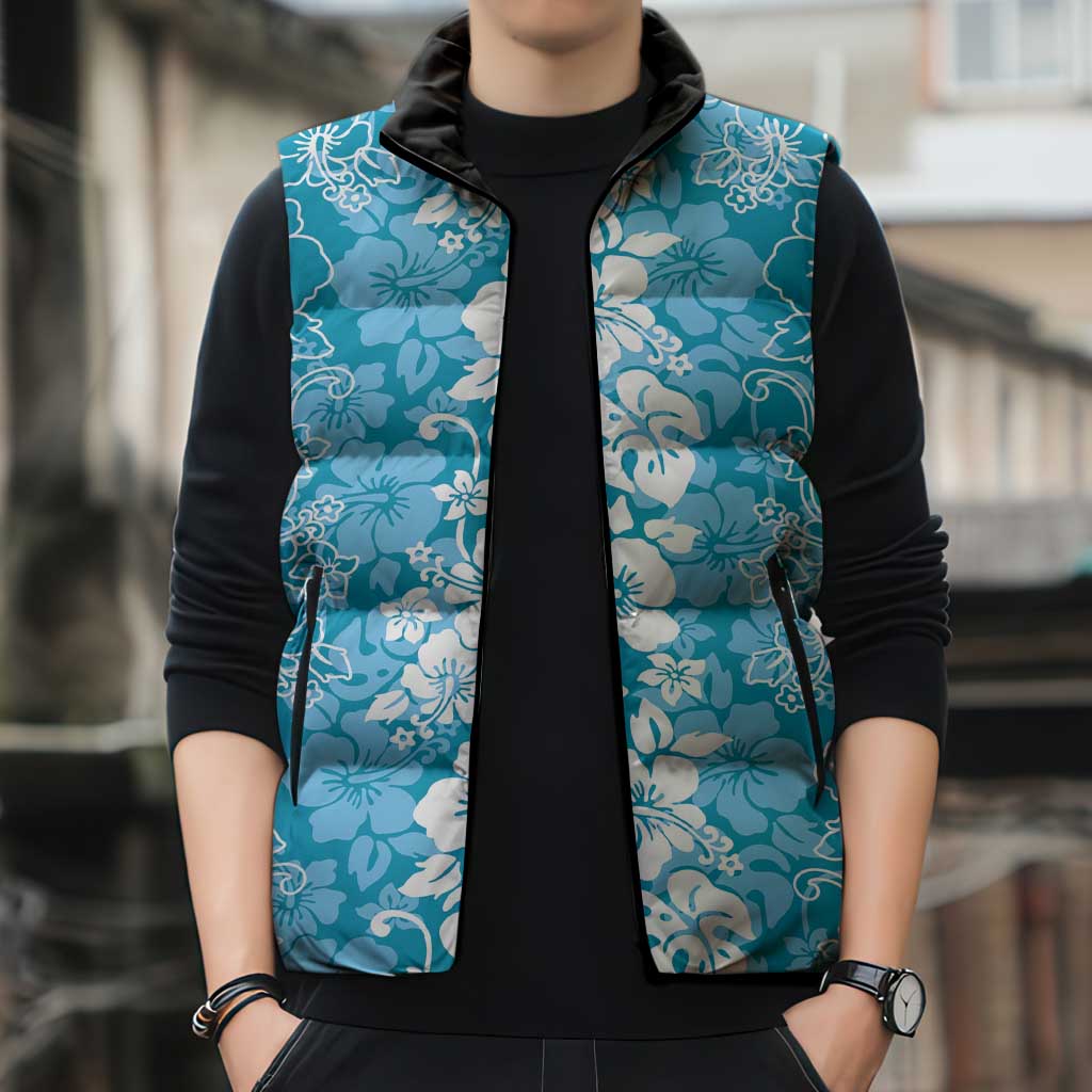 Hawaiian Lei Day Sleeveless Puffer Jacket Blue Hibiscus Flowers Lei Art LT9 - Polynesian Pride