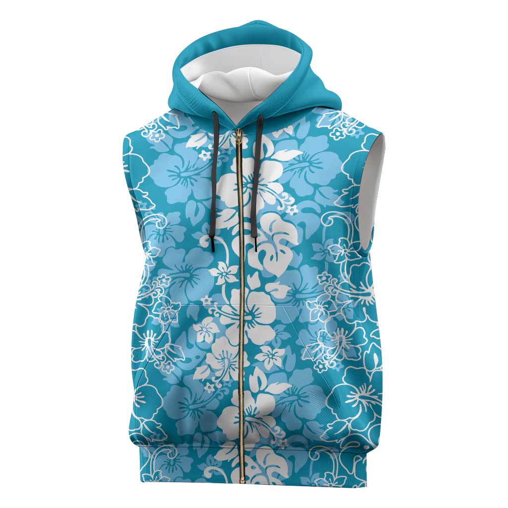 Hawaiian Lei Day Sleeveless Zip Hoodie Blue Hibiscus Flowers Lei Art - Polynesian Pride
