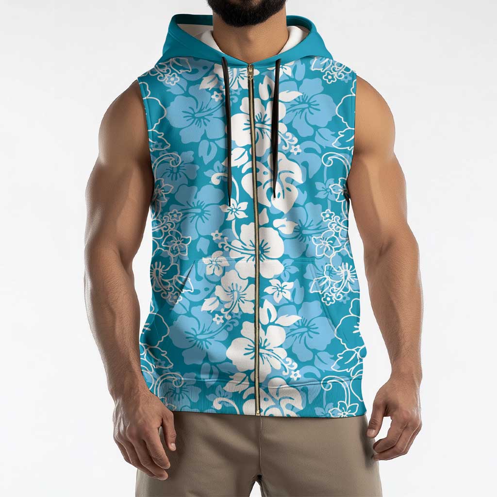 Hawaiian Lei Day Sleeveless Zip Hoodie Blue Hibiscus Flowers Lei Art - Polynesian Pride