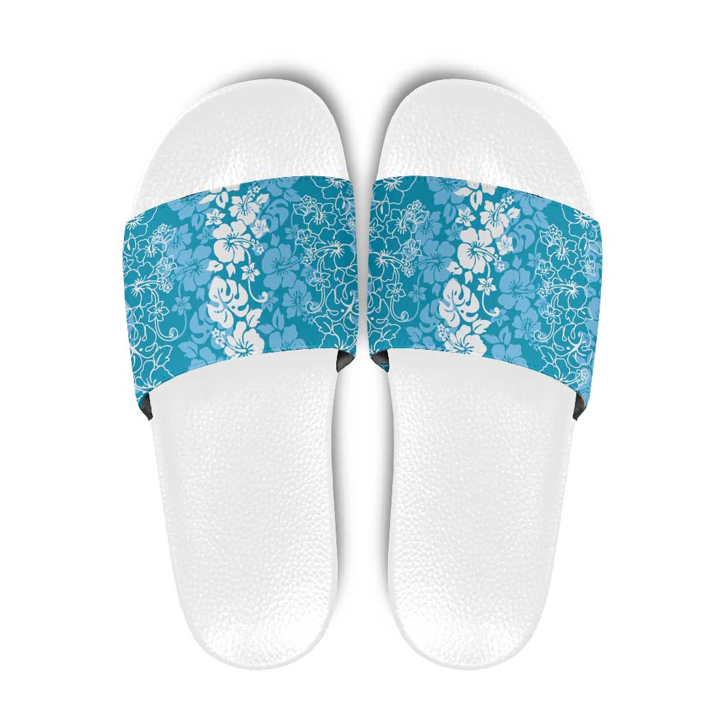 Hawaiian Lei Day Slide Sandals Blue Hibiscus Flowers Lei Art - Polynesian Pride