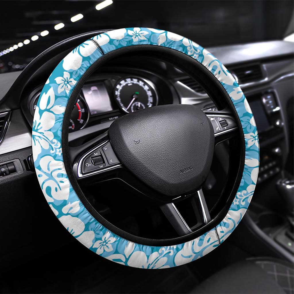 Hawaiian Lei Day Steering Wheel Cover Blue Hibiscus Flowers Lei Art