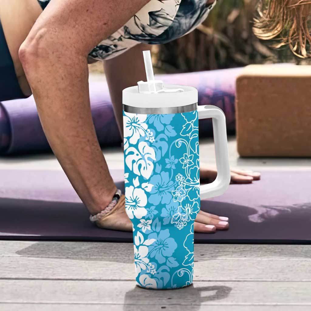 Hawaiian Lei Day Tumbler With Handle Blue Hibiscus Flowers Lei Art