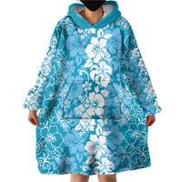 Hawaiian Lei Day Wearable Blanket Hoodie Blue Hibiscus Flowers Lei Art LT9 - Polynesian Pride
