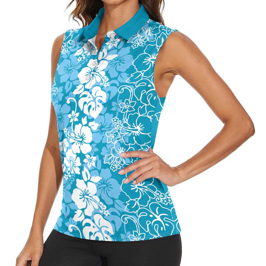 Hawaiian Lei Day Women Sleeveless Polo Shirt Blue Hibiscus Flowers Lei Art