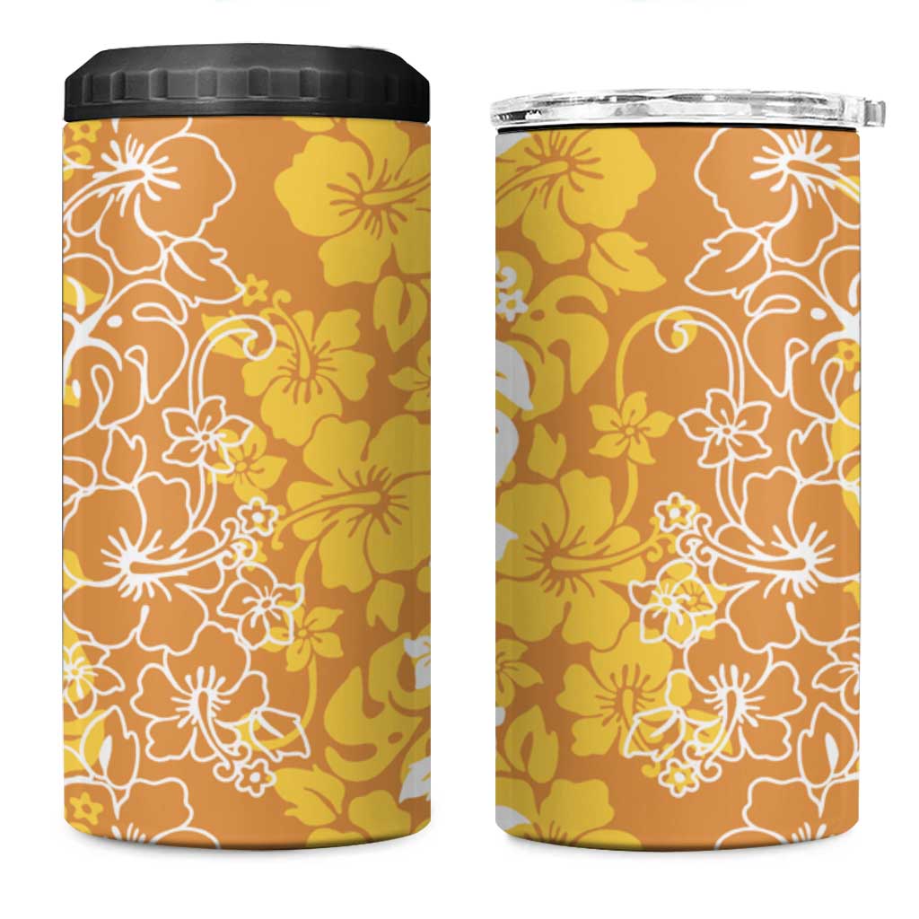 Hawaiian Lei Day 4 in 1 Can Cooler Tumbler Gold Hibiscus Flowers Lei Art