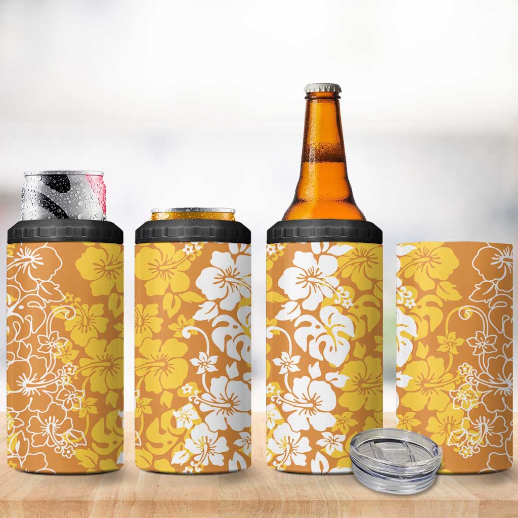 Hawaiian Lei Day 4 in 1 Can Cooler Tumbler Gold Hibiscus Flowers Lei Art