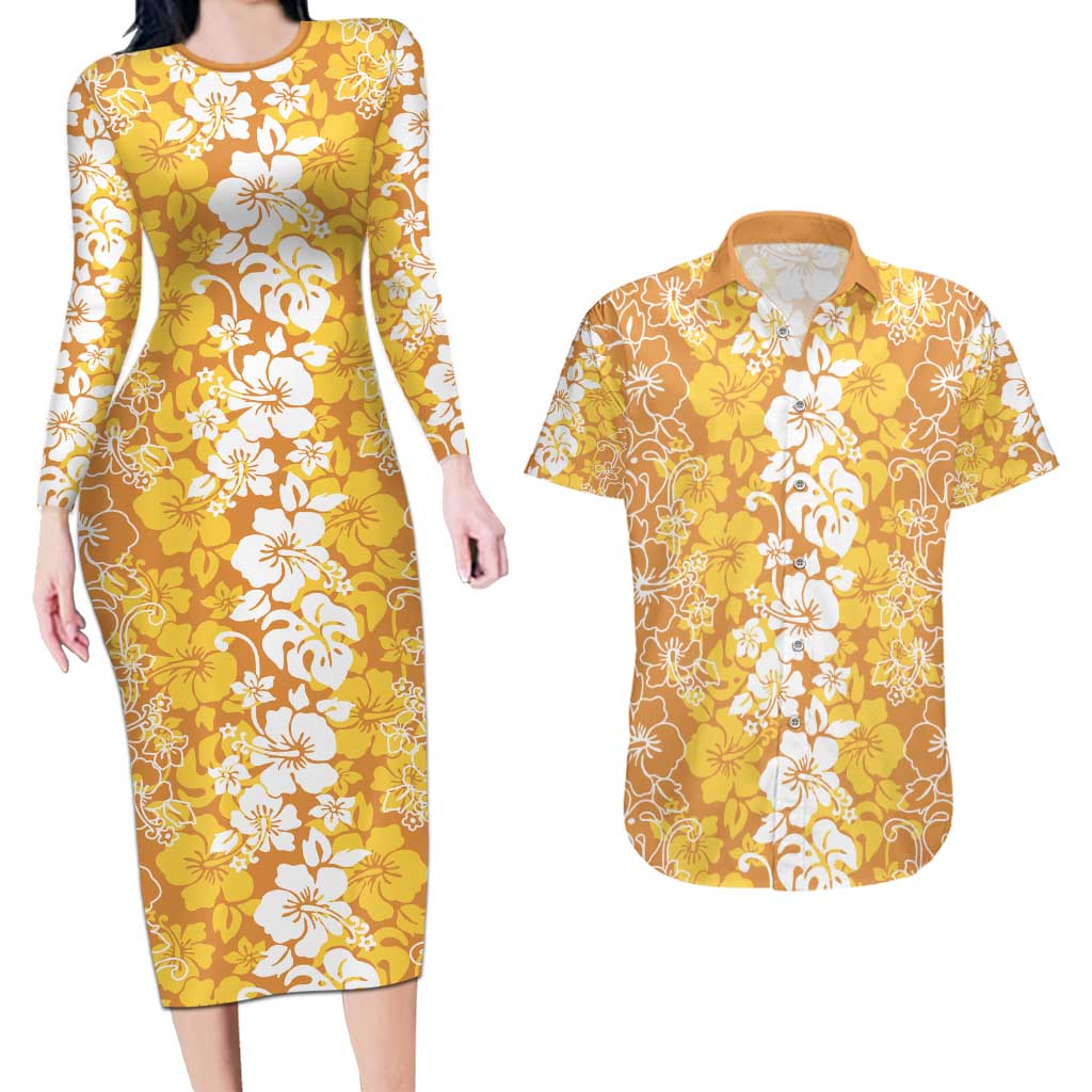 Hawaiian Lei Day Couples Matching Long Sleeve Bodycon Dress and Hawaiian Shirt Gold Hibiscus Flowers Lei Art