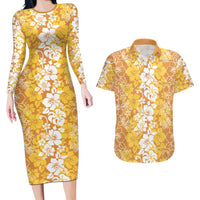 Hawaiian Lei Day Couples Matching Long Sleeve Bodycon Dress and Hawaiian Shirt Gold Hibiscus Flowers Lei Art