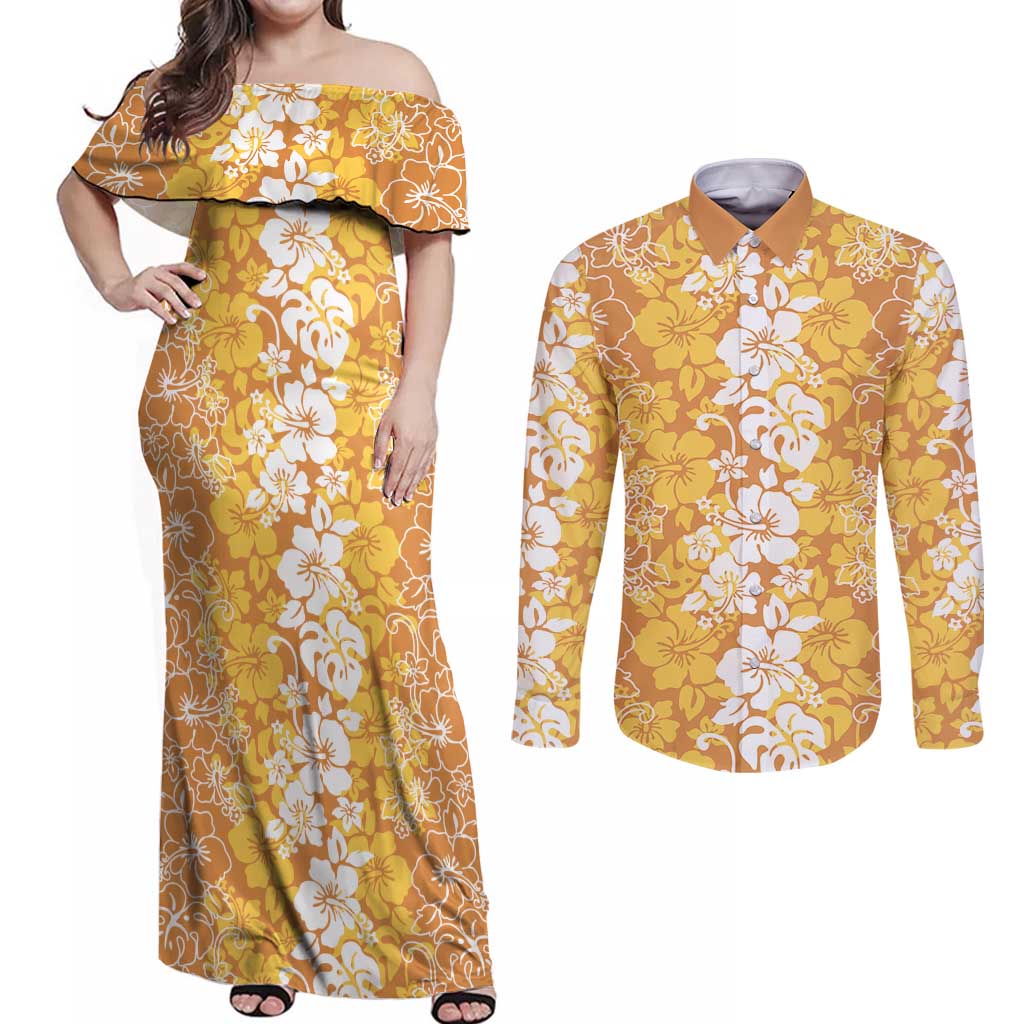 Hawaiian Lei Day Couples Matching Off Shoulder Maxi Dress and Long Sleeve Button Shirt Gold Hibiscus Flowers Lei Art