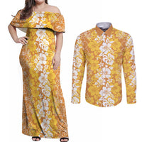 Hawaiian Lei Day Couples Matching Off Shoulder Maxi Dress and Long Sleeve Button Shirt Gold Hibiscus Flowers Lei Art