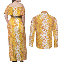Hawaiian Lei Day Couples Matching Off Shoulder Maxi Dress and Long Sleeve Button Shirt Gold Hibiscus Flowers Lei Art