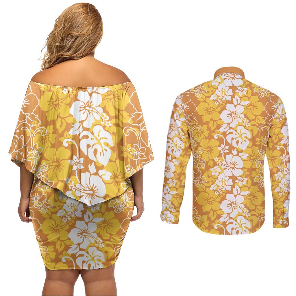 Hawaiian Lei Day Couples Matching Off Shoulder Short Dress and Long Sleeve Button Shirt Gold Hibiscus Flowers Lei Art