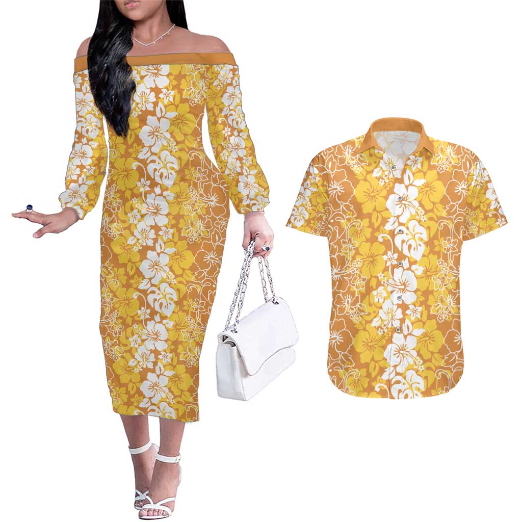 Hawaiian Lei Day Couples Matching Off The Shoulder Long Sleeve Dress and Hawaiian Shirt Gold Hibiscus Flowers Lei Art
