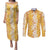 Hawaiian Lei Day Couples Matching Puletasi and Long Sleeve Button Shirt Gold Hibiscus Flowers Lei Art