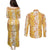 Hawaiian Lei Day Couples Matching Puletasi and Long Sleeve Button Shirt Gold Hibiscus Flowers Lei Art