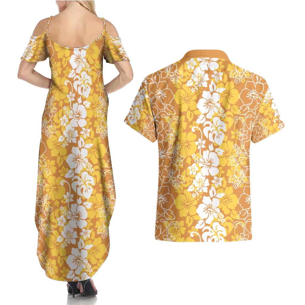 Hawaiian Lei Day Couples Matching Summer Maxi Dress and Hawaiian Shirt Gold Hibiscus Flowers Lei Art
