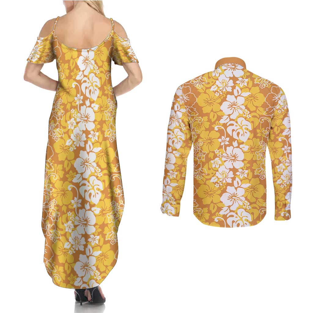 Hawaiian Lei Day Couples Matching Summer Maxi Dress and Long Sleeve Button Shirt Gold Hibiscus Flowers Lei Art