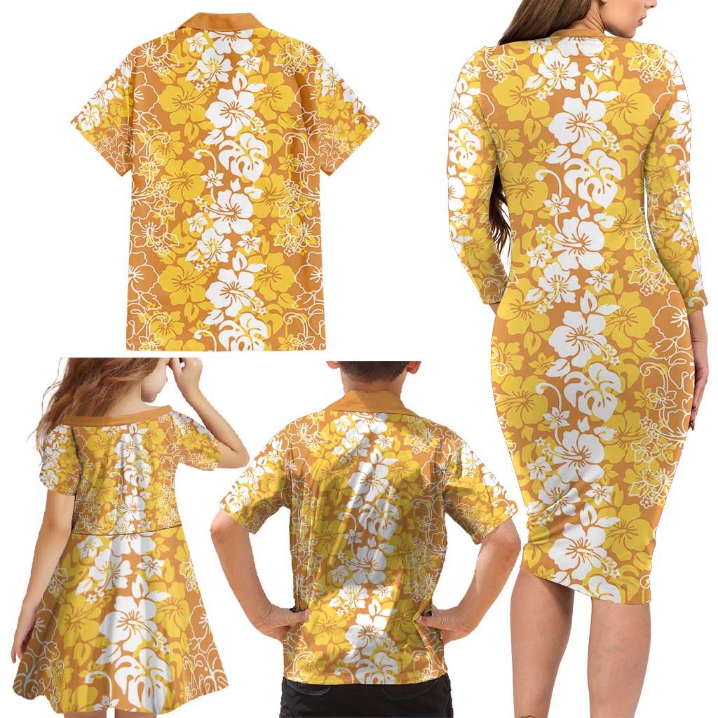 Hawaiian Lei Day Family Matching Long Sleeve Bodycon Dress and Hawaiian Shirt Gold Hibiscus Flowers Lei Art