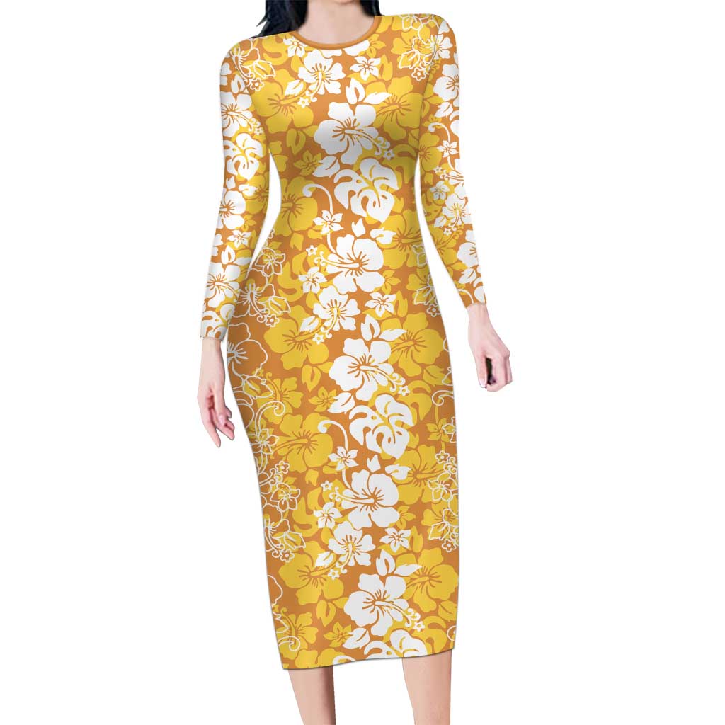 Hawaiian Lei Day Family Matching Long Sleeve Bodycon Dress and Hawaiian Shirt Gold Hibiscus Flowers Lei Art