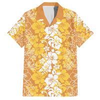 Hawaiian Lei Day Family Matching Off The Shoulder Long Sleeve Dress and Hawaiian Shirt Gold Hibiscus Flowers Lei Art