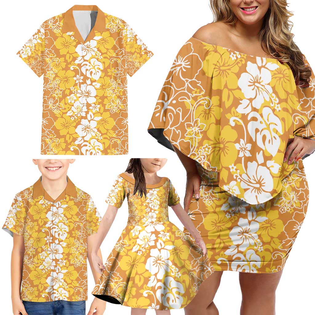 Hawaiian Lei Day Family Matching Off Shoulder Short Dress and Hawaiian Shirt Gold Hibiscus Flowers Lei Art