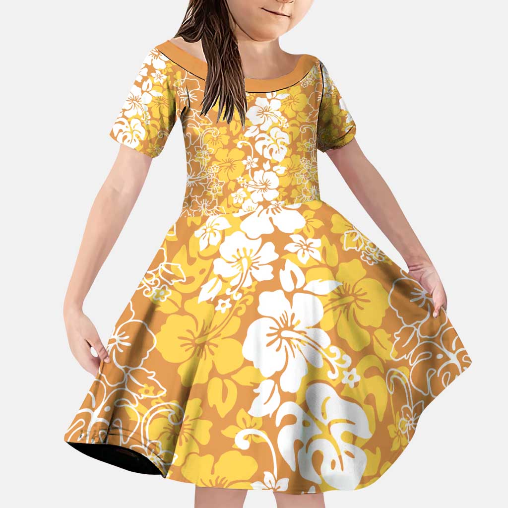 Hawaiian Lei Day Family Matching Puletasi and Hawaiian Shirt Gold Hibiscus Flowers Lei Art LT9 Daughter's Dress Gold - Polynesian Pride