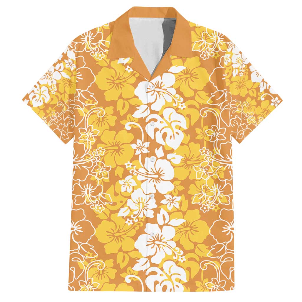 Hawaiian Lei Day Family Matching Puletasi and Hawaiian Shirt Gold Hibiscus Flowers Lei Art LT9 Dad's Shirt - Short Sleeve Gold - Polynesian Pride