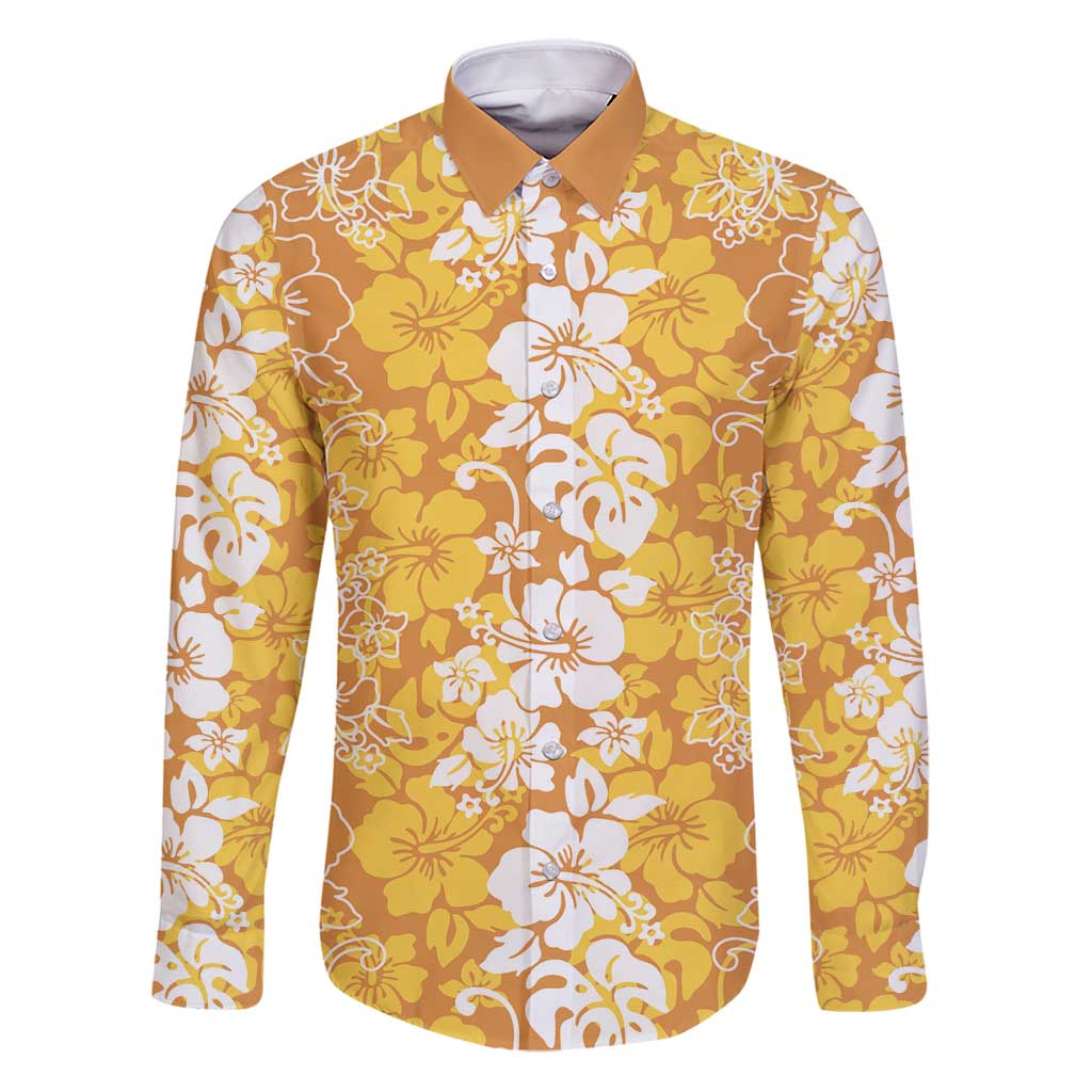 Hawaiian Lei Day Family Matching Puletasi and Hawaiian Shirt Gold Hibiscus Flowers Lei Art LT9 Dad's Shirt - Long Sleeve Gold - Polynesian Pride
