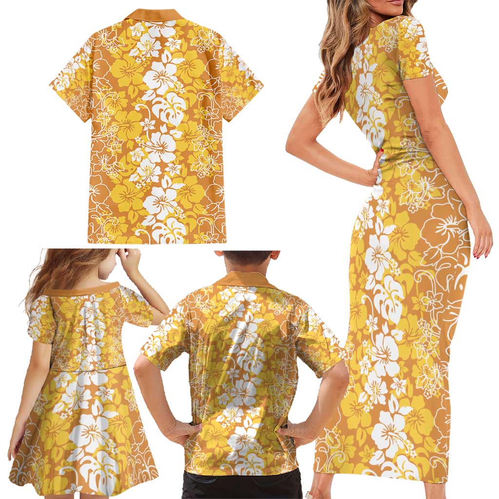 Hawaiian Lei Day Family Matching Short Sleeve Bodycon Dress and Hawaiian Shirt Gold Hibiscus Flowers Lei Art