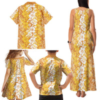 Hawaiian Lei Day Family Matching Tank Maxi Dress and Hawaiian Shirt Gold Hibiscus Flowers Lei Art
