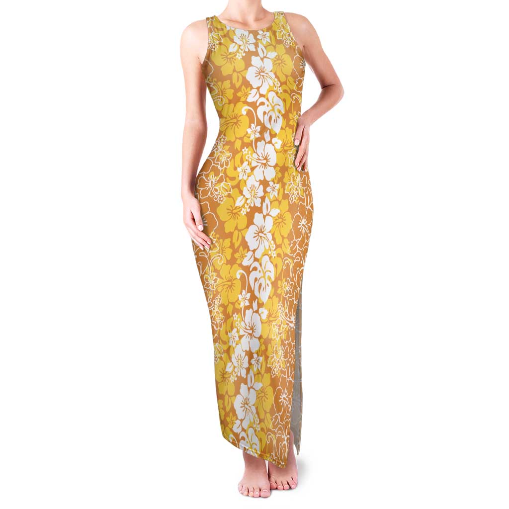 Hawaiian Lei Day Family Matching Tank Maxi Dress and Hawaiian Shirt Gold Hibiscus Flowers Lei Art