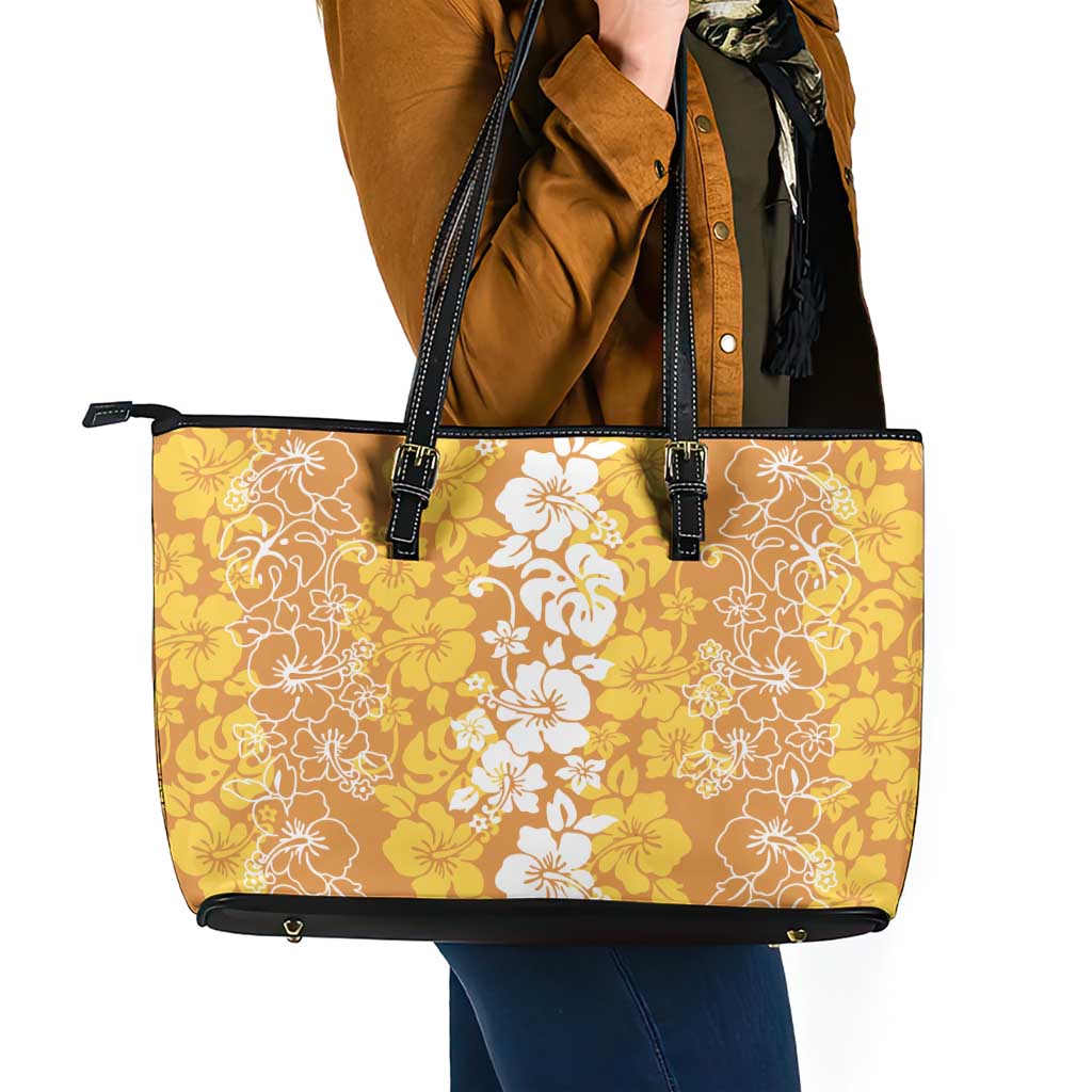 Hawaiian Lei Day Leather Tote Bag Gold Hibiscus Flowers Lei Art